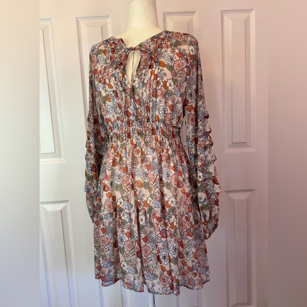 Boho Tan Floral Long Sleeve Short Dress, w/ Tie Neck Collar, Size Large
